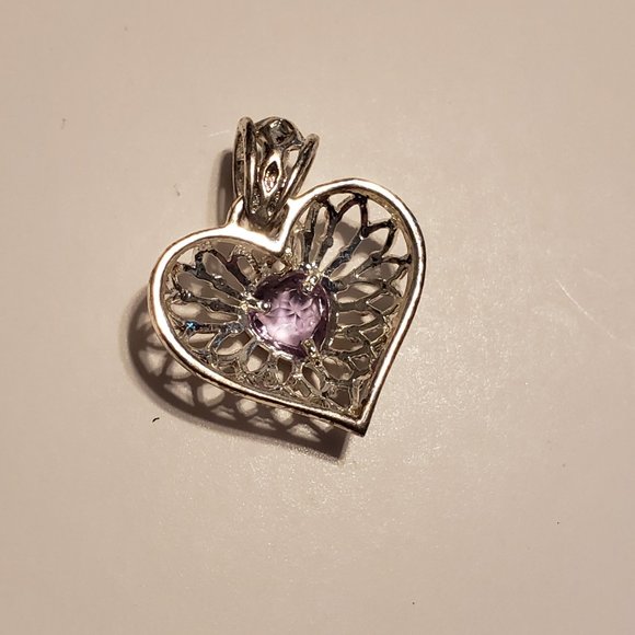 Genuine Amethyst Sterling Silver Filigree Heart Pendant - Picture 3 of 5